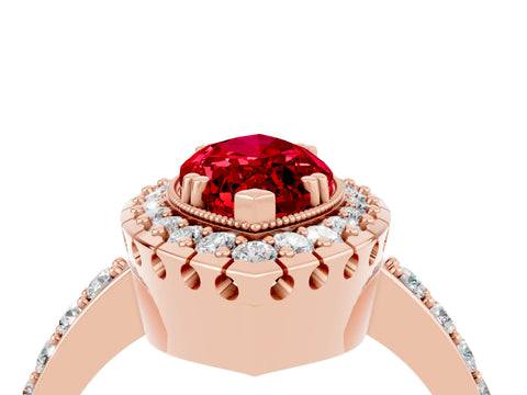 Rose gold Marquise Cut Ruby Halo Ring with Pavé Band and Prong Setting_4