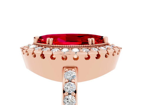Rose gold Marquise Cut Ruby Halo Ring with Pavé Band and Prong Setting_5