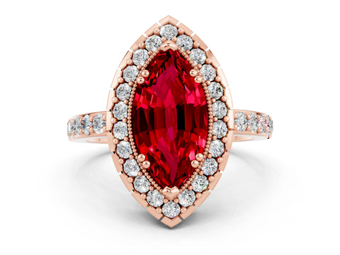 Rose gold Marquise Cut Ruby Halo Ring with Pavé Band and Prong Setting