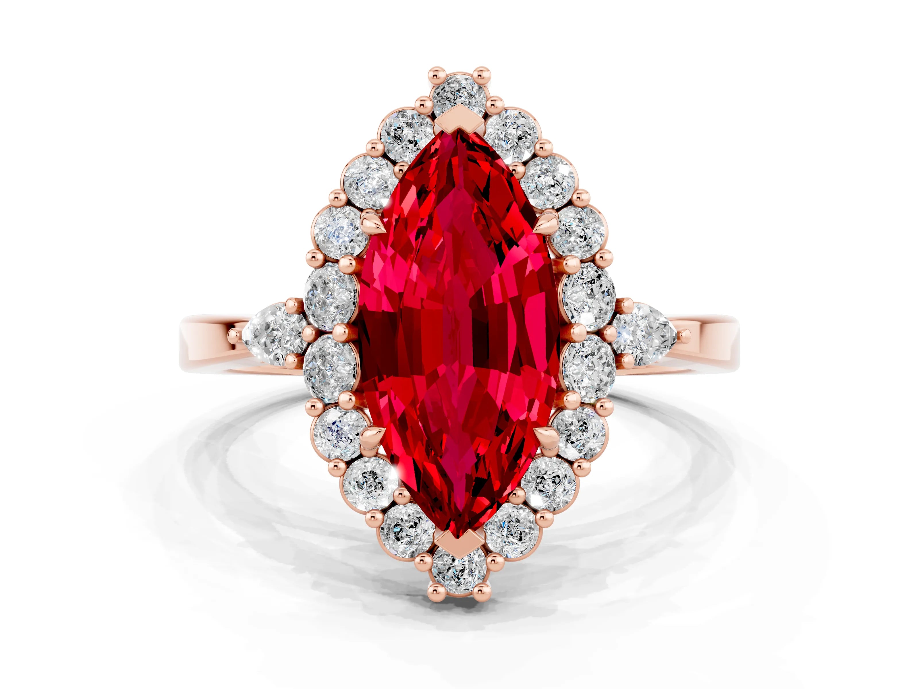 Rose gold Marquise Cut Ruby Halo Ring with Pear Side Stones and Prong Setting_12