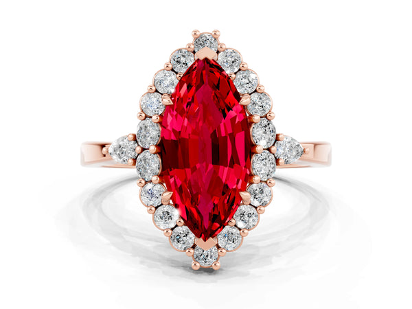 Rose gold Marquise Cut Ruby Halo Ring with Pear Side Stones and Prong Setting