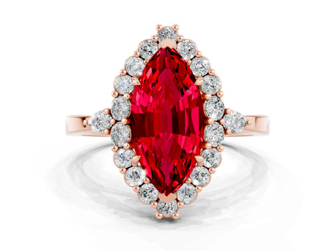 Rose gold Marquise Cut Ruby Halo Ring with Pear Side Stones and Prong Setting_12