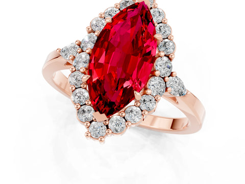 Rose gold Marquise Cut Ruby Halo Ring with Pear Side Stones and Prong Setting_13