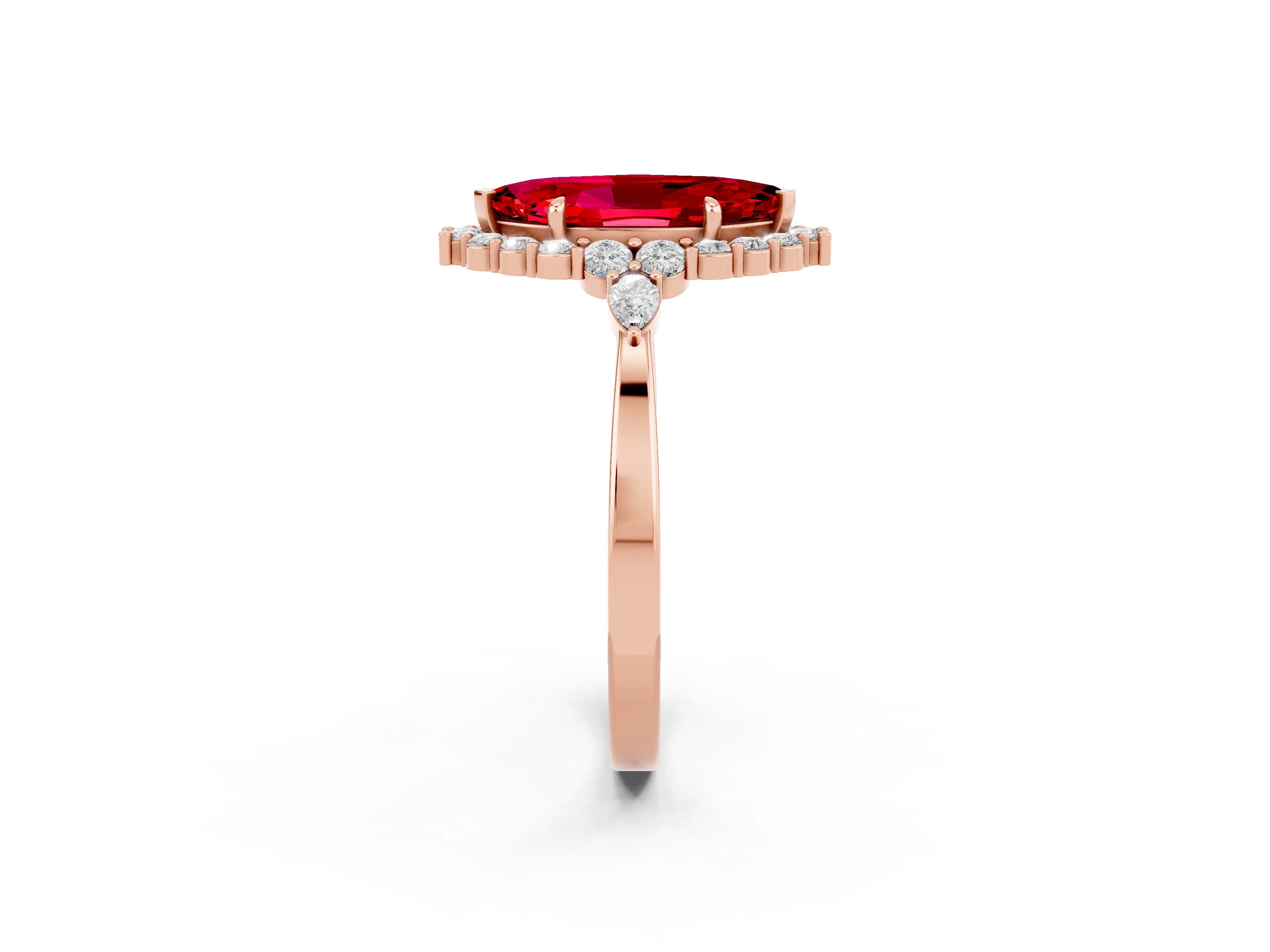 Rose gold Marquise Cut Ruby Halo Ring with Pear Side Stones and Prong Setting_14