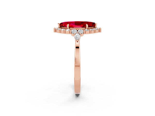 Rose gold Marquise Cut Ruby Halo Ring with Pear Side Stones and Prong Setting