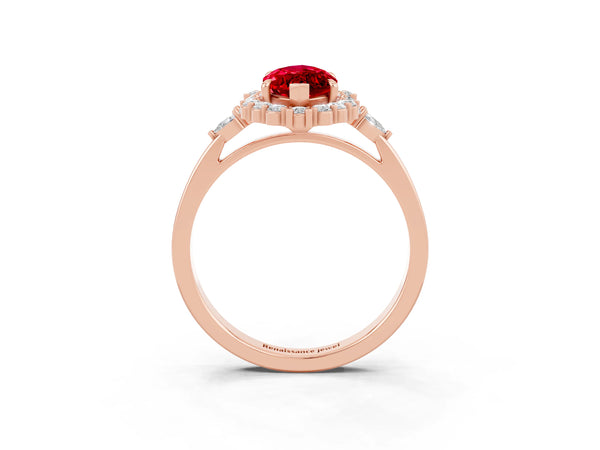 Rose gold Marquise Cut Ruby Halo Ring with Pear Side Stones and Prong Setting