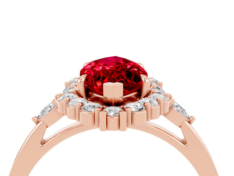 Rose gold Marquise Cut Ruby Halo Ring with Pear Side Stones and Prong Setting_16