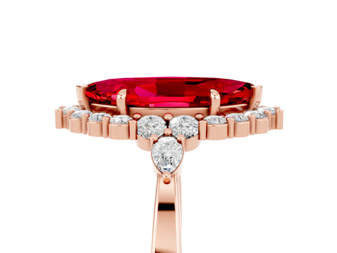 Rose gold Marquise Cut Ruby Halo Ring with Pear Side Stones and Prong Setting_17
