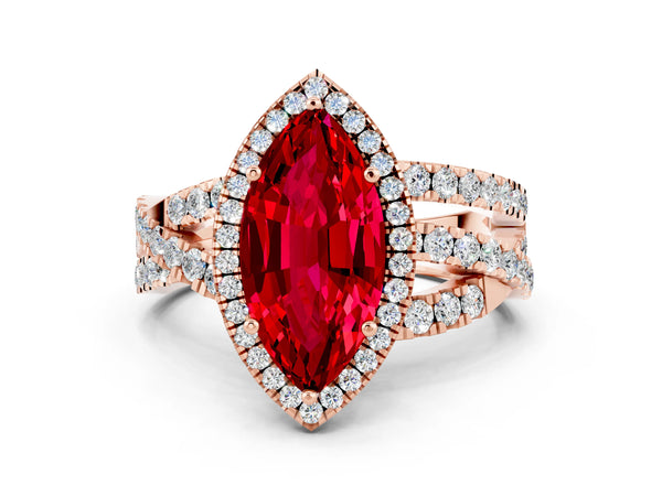 Rose gold Marquise Cut Ruby Halo Ring with Round Split Shank and Prong Setting