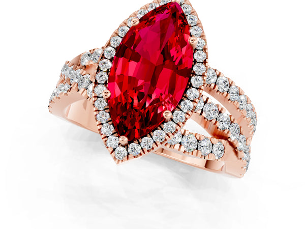Rose gold Marquise Cut Ruby Halo Ring with Round Split Shank and Prong Setting