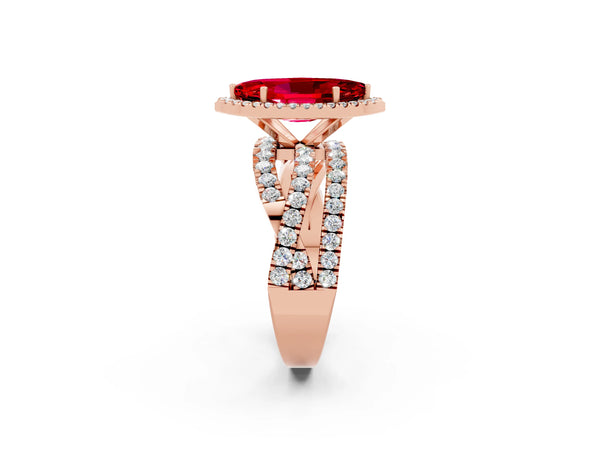 Rose gold Marquise Cut Ruby Halo Ring with Round Split Shank and Prong Setting