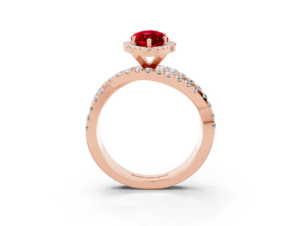 Rose gold Marquise Cut Ruby Halo Ring with Round Split Shank and Prong Setting