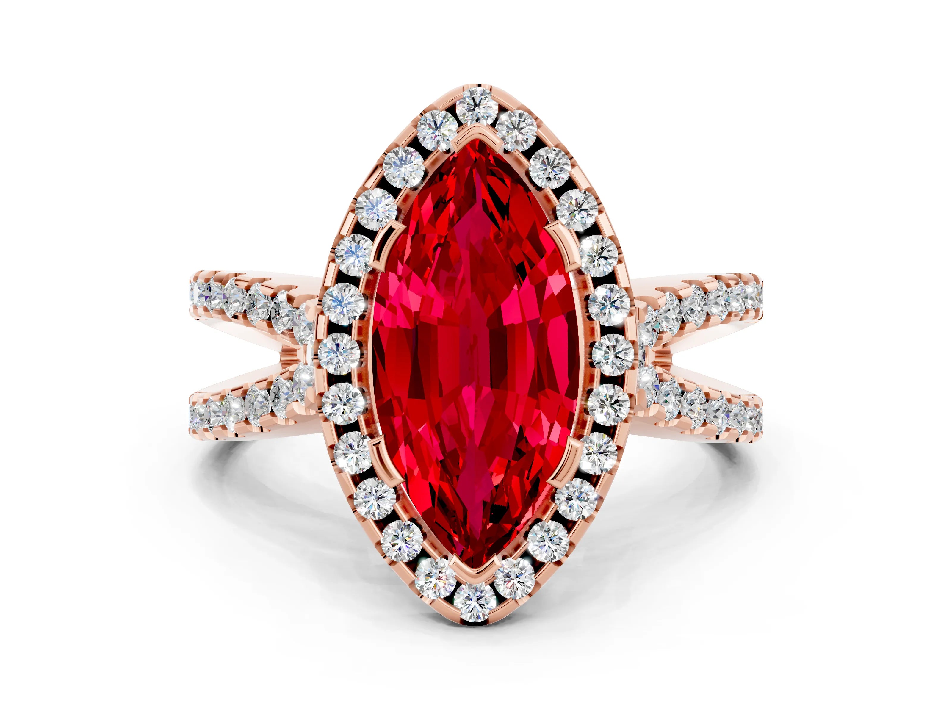 Rose gold Marquise Cut Ruby Halo Ring with Split Shank Pavé Band and Prong Setting