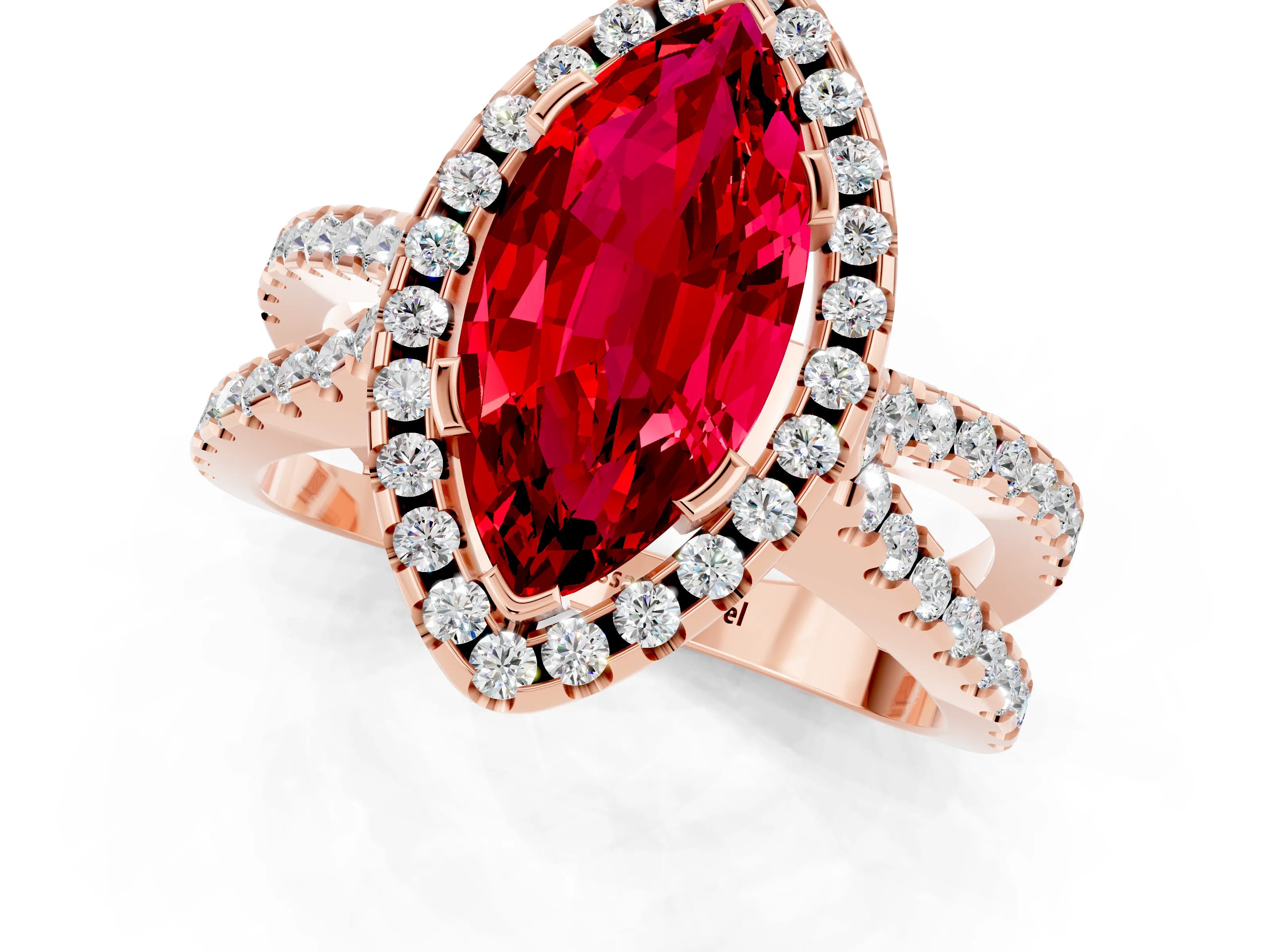 Rose gold Marquise Cut Ruby Halo Ring with Split Shank Pavé Band and Prong Setting_1