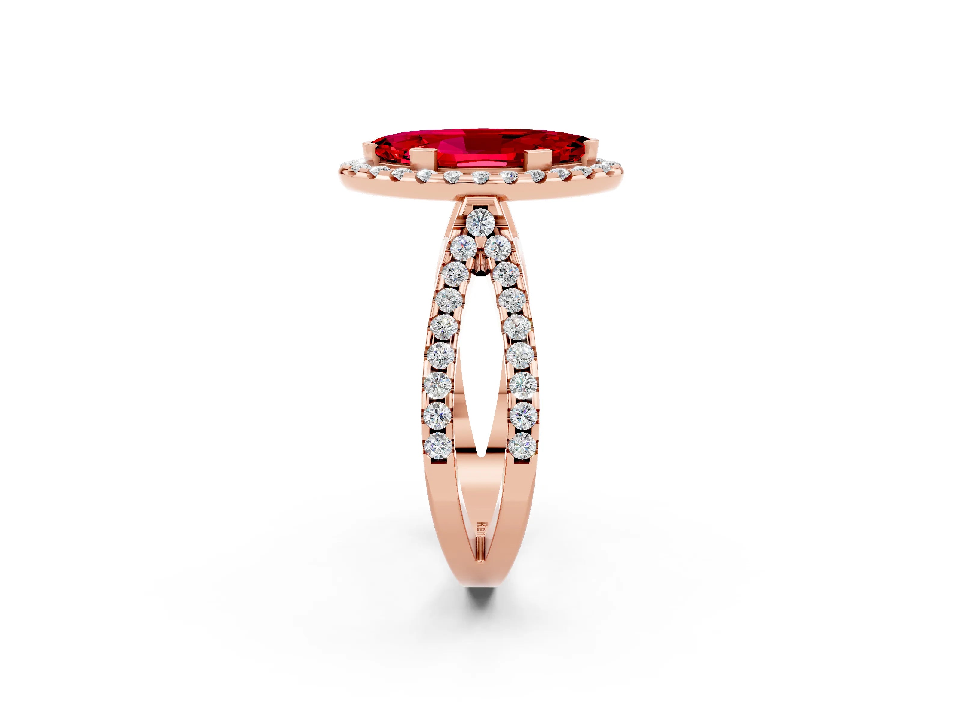 Rose gold Marquise Cut Ruby Halo Ring with Split Shank Pavé Band and Prong Setting_2