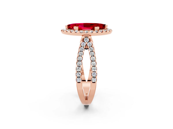 Rose gold Marquise Cut Ruby Halo Ring with Split Shank Pavé Band and Prong Setting