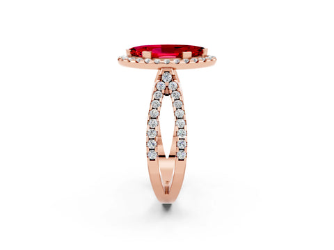 Rose gold Marquise Cut Ruby Halo Ring with Split Shank Pavé Band and Prong Setting_2