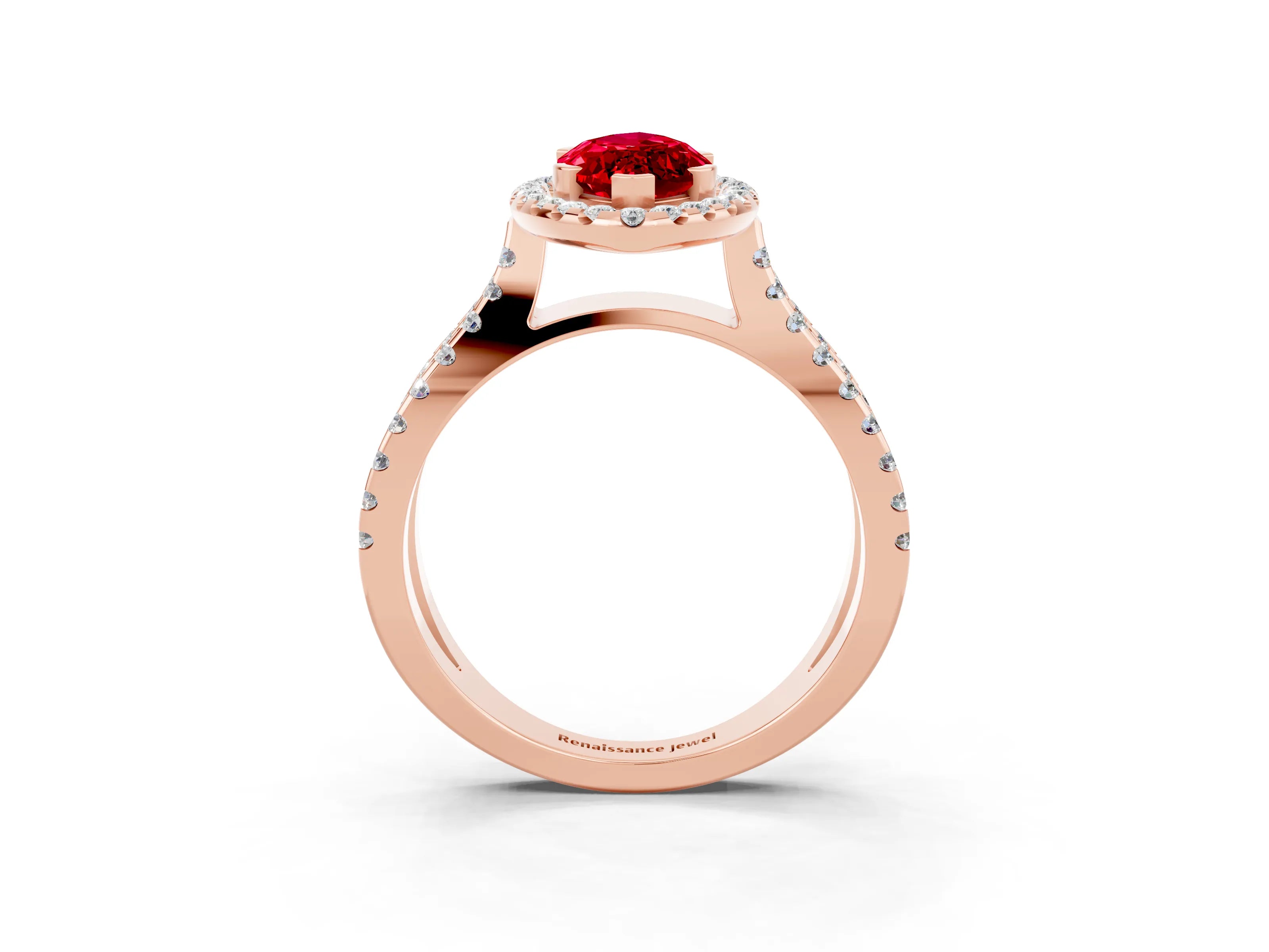 Rose gold Marquise Cut Ruby Halo Ring with Split Shank Pavé Band and Prong Setting_3