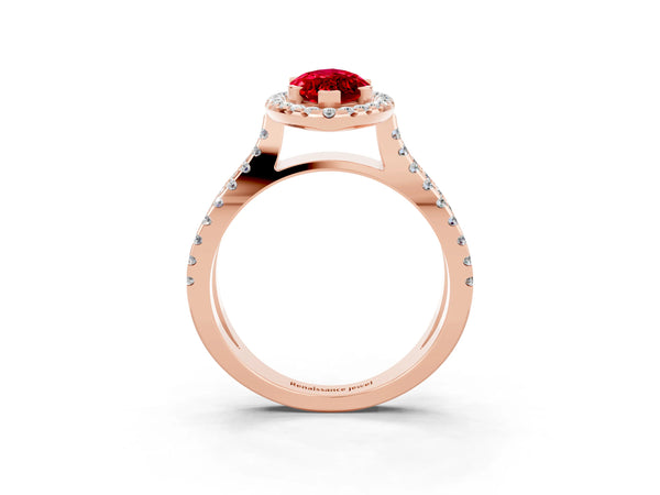 Rose gold Marquise Cut Ruby Halo Ring with Split Shank Pavé Band and Prong Setting