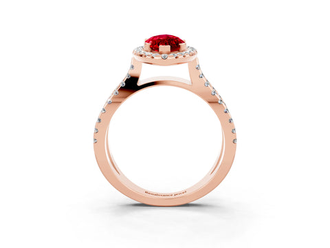 Rose gold Marquise Cut Ruby Halo Ring with Split Shank Pavé Band and Prong Setting_3