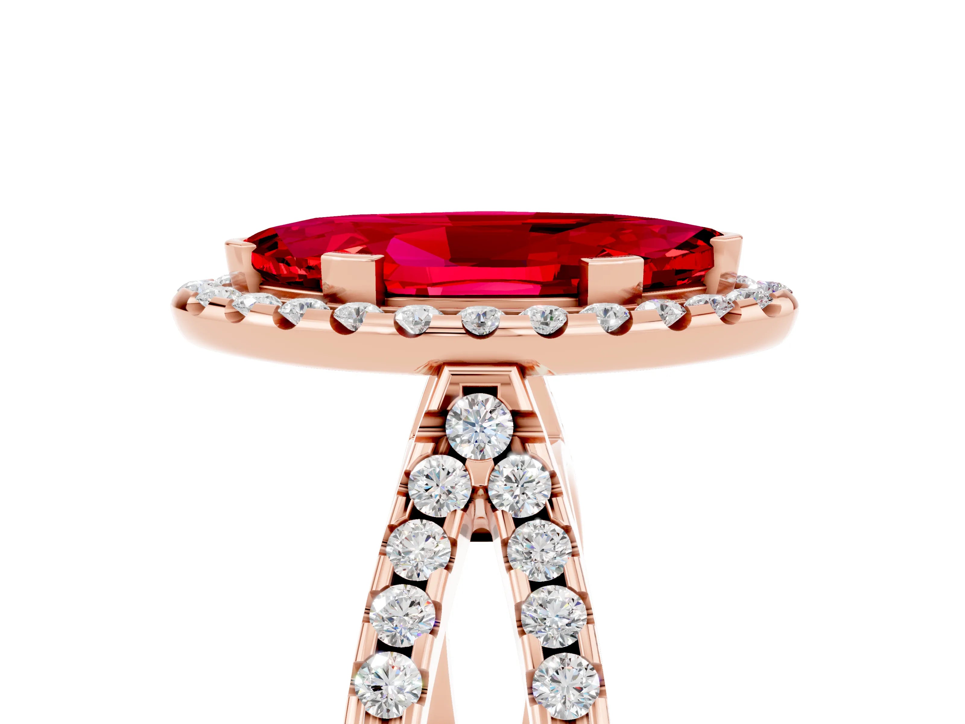Rose gold Marquise Cut Ruby Halo Ring with Split Shank Pavé Band and Prong Setting_5