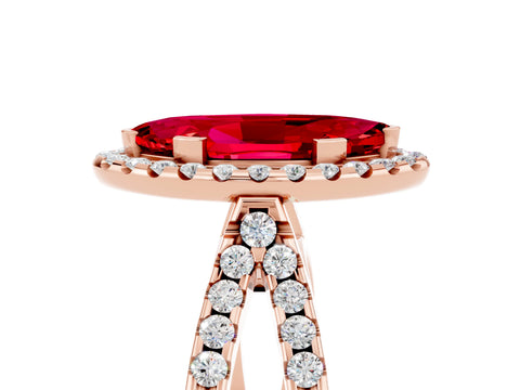 Rose gold Marquise Cut Ruby Halo Ring with Split Shank Pavé Band and Prong Setting_5