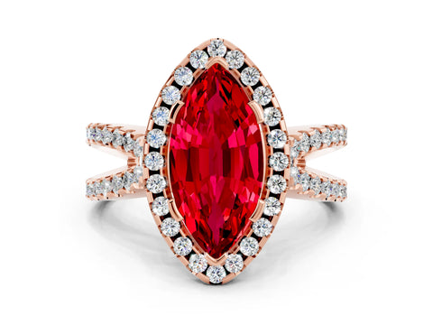 Rose gold Marquise Cut Ruby Halo Ring with Split Shank Pavé Band and Prong Setting