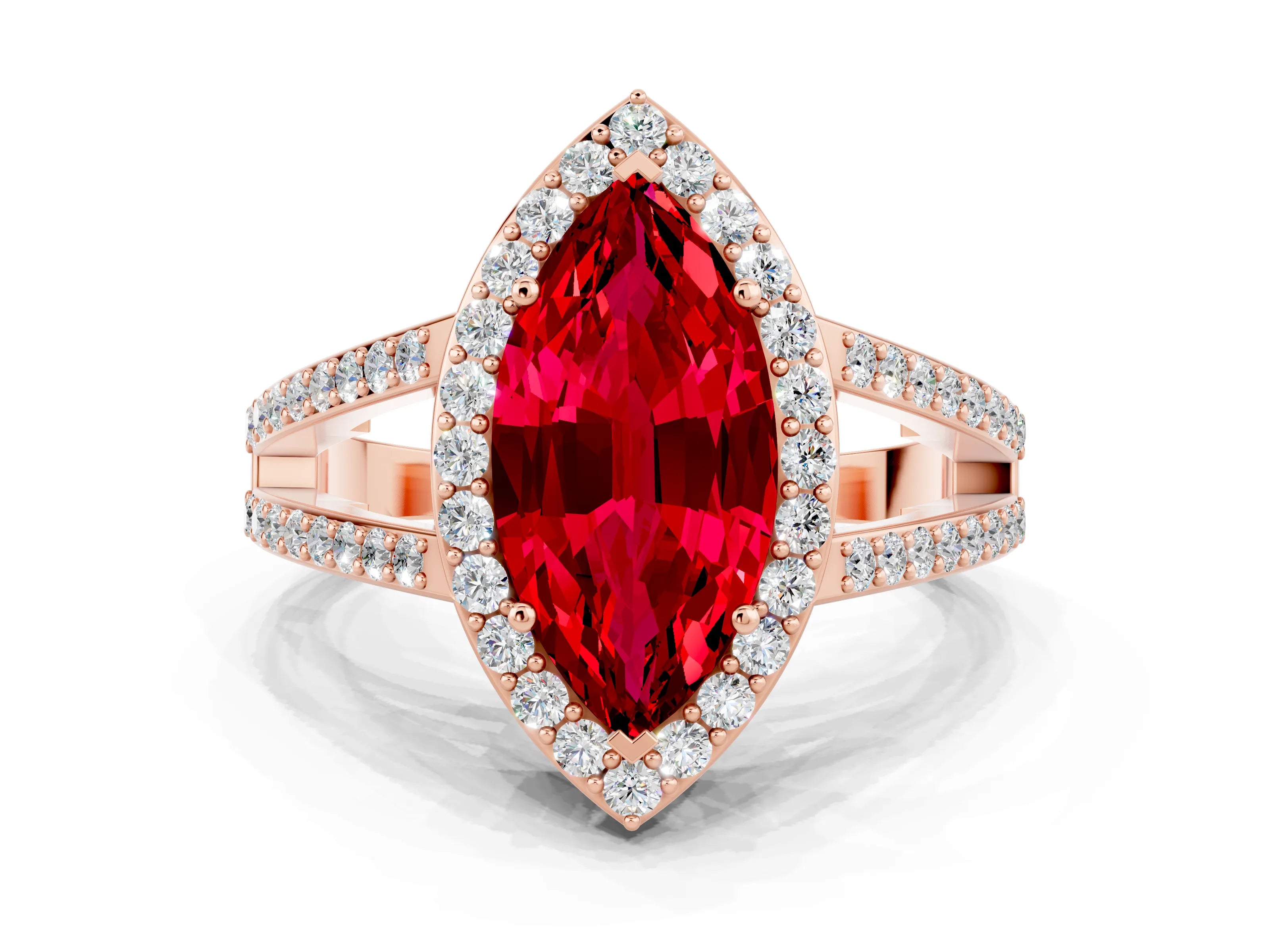 Rose gold Marquise Cut Ruby Halo Ring with Split Shank U-Prong Band and Four-Prong Setting