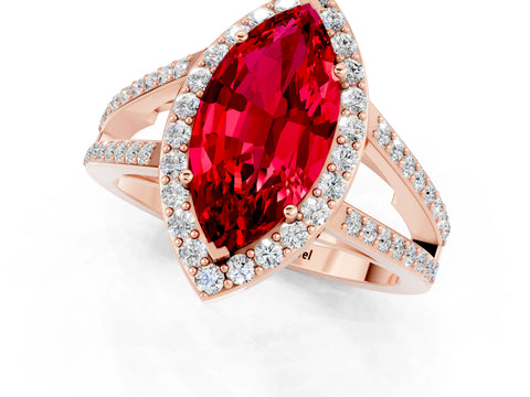 Rose gold Marquise Cut Ruby Halo Ring with Split Shank U-Prong Band and Four-Prong Setting_1