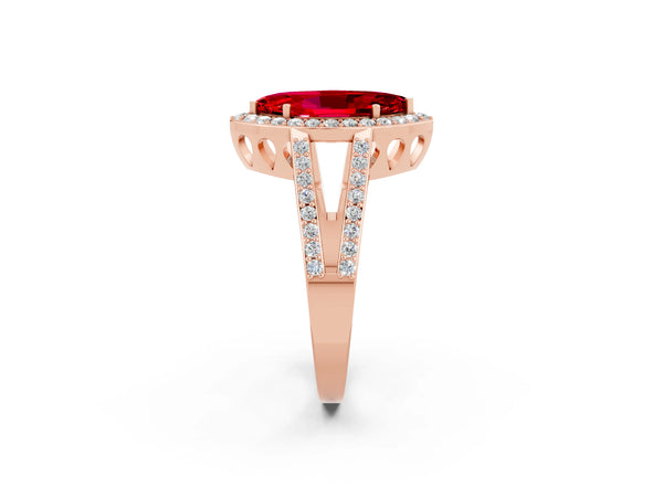 Rose gold Marquise Cut Ruby Halo Ring with Split Shank U-Prong Band and Four-Prong Setting