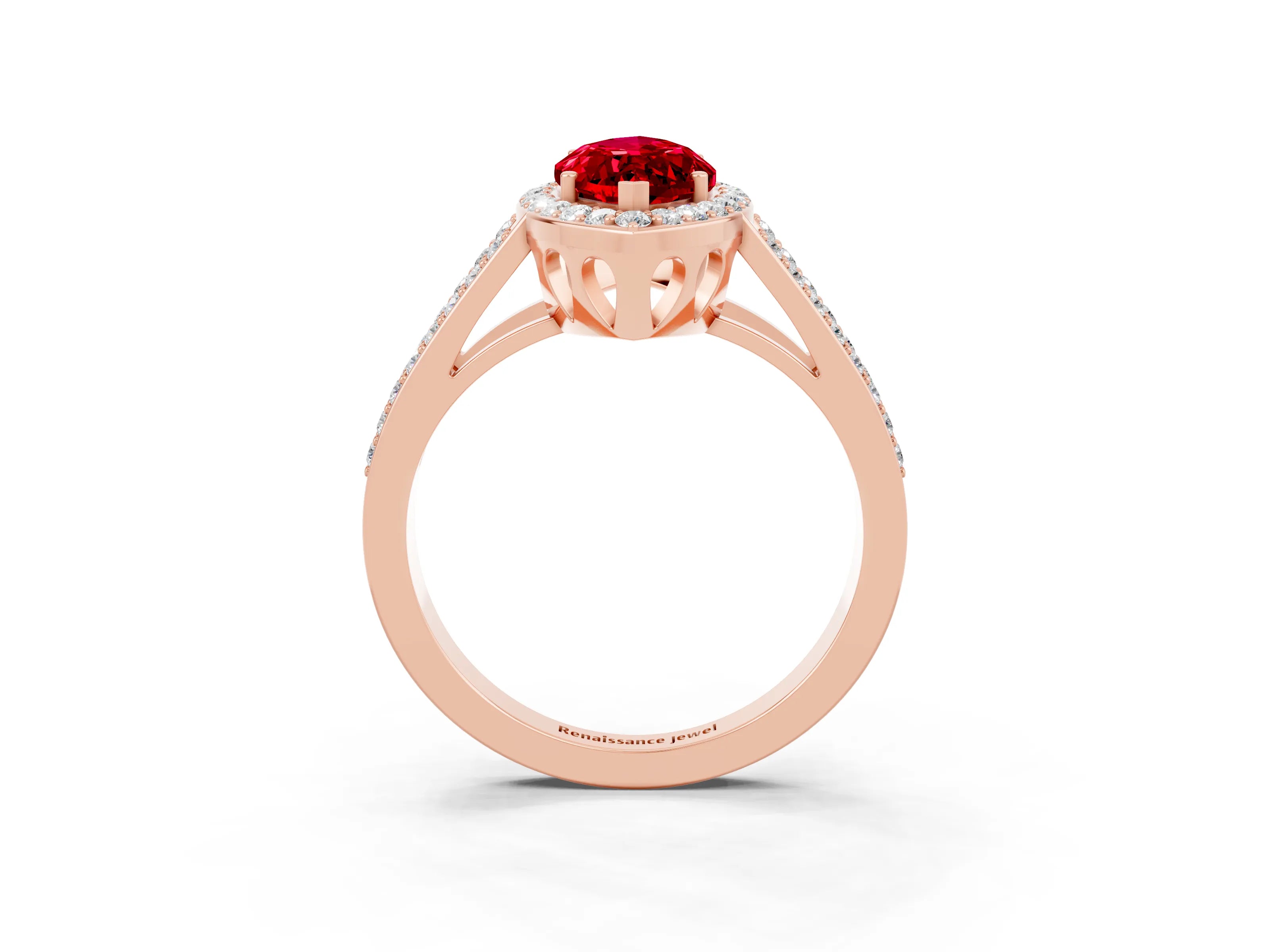 Rose gold Marquise Cut Ruby Halo Ring with Split Shank U-Prong Band and Four-Prong Setting_3