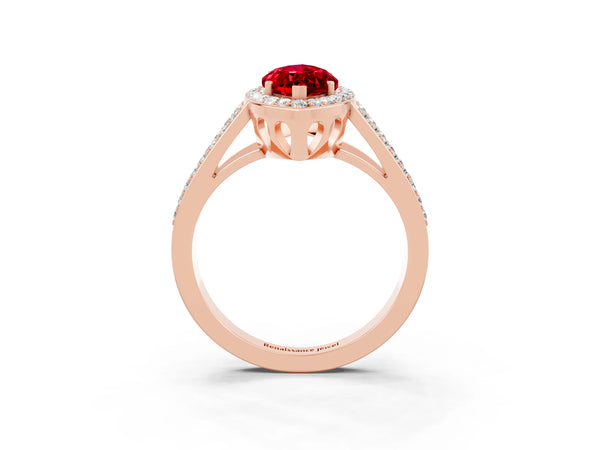 Rose gold Marquise Cut Ruby Halo Ring with Split Shank U-Prong Band and Four-Prong Setting