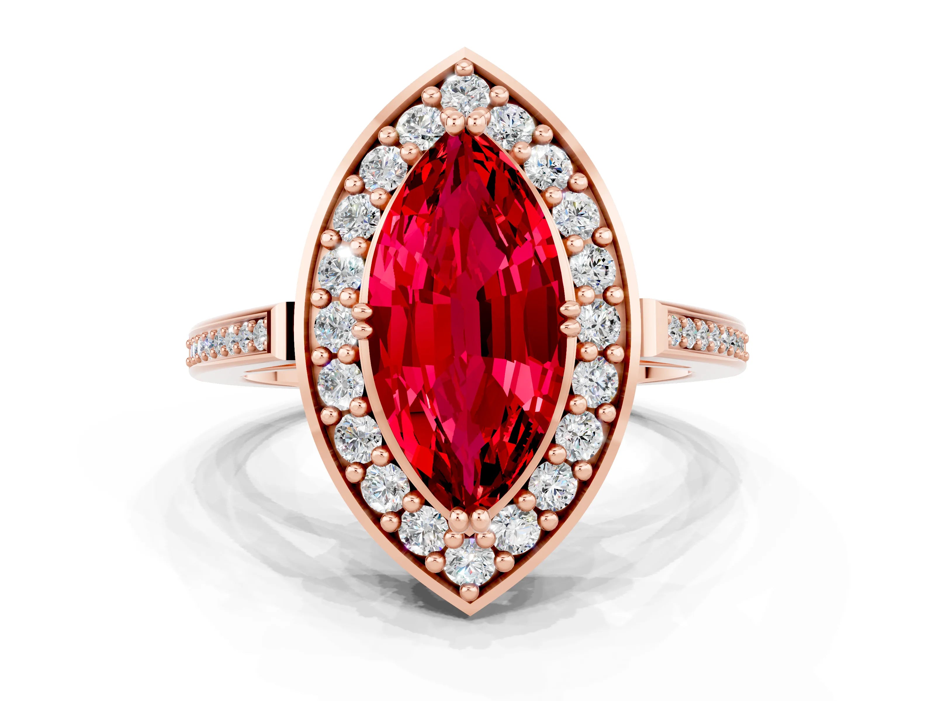 Rose gold Marquise Cut Ruby Halo Ring with Split Shank and Four-Prong Setting