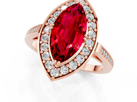 Rose gold Marquise Cut Ruby Halo Ring with Split Shank and Four-Prong Setting_1