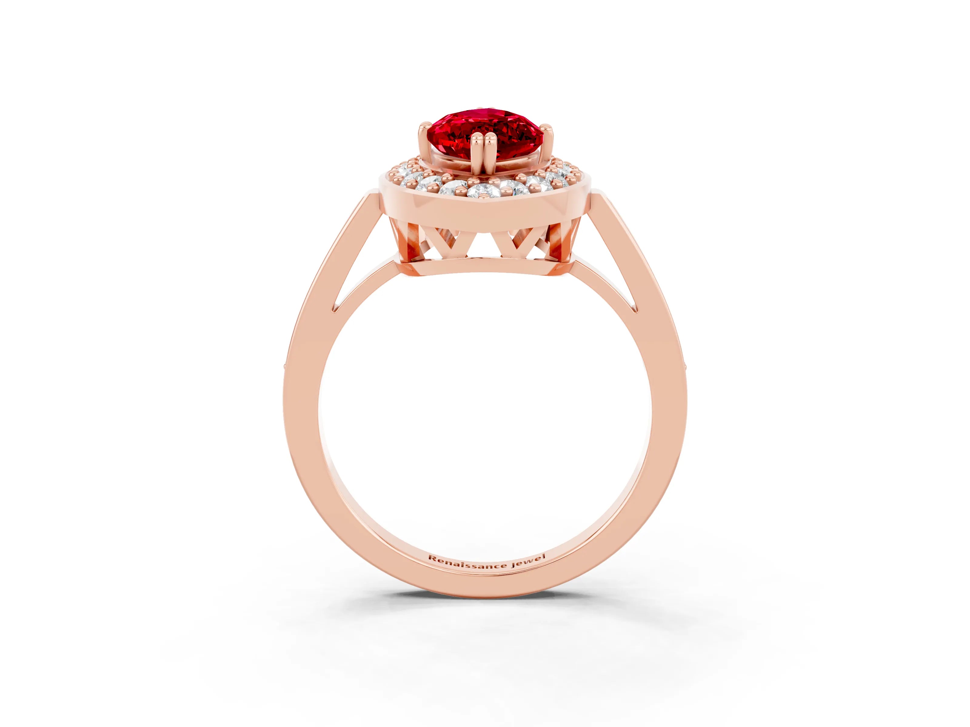 Rose gold Marquise Cut Ruby Halo Ring with Split Shank and Four-Prong Setting_3