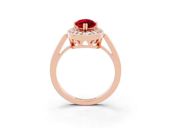Rose gold Marquise Cut Ruby Halo Ring with Split Shank and Four-Prong Setting