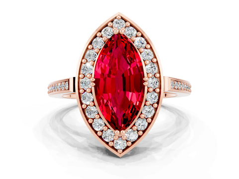 Rose gold Marquise Cut Ruby Halo Ring with Split Shank and Four-Prong Setting