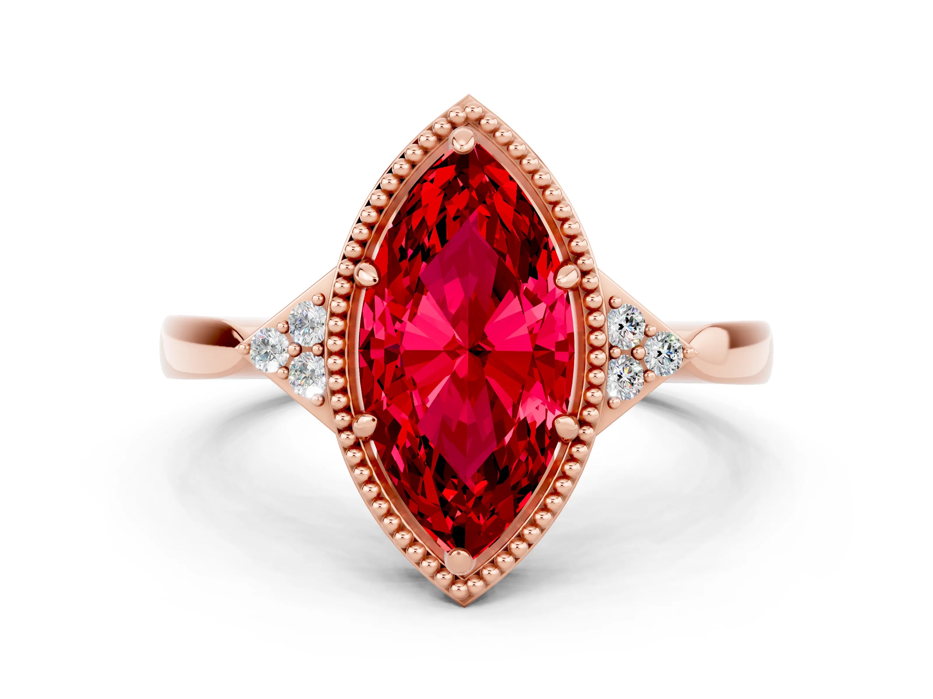 Rose gold Marquise Cut Ruby Halo Ring with Tapered Band and Four-Prong Setting