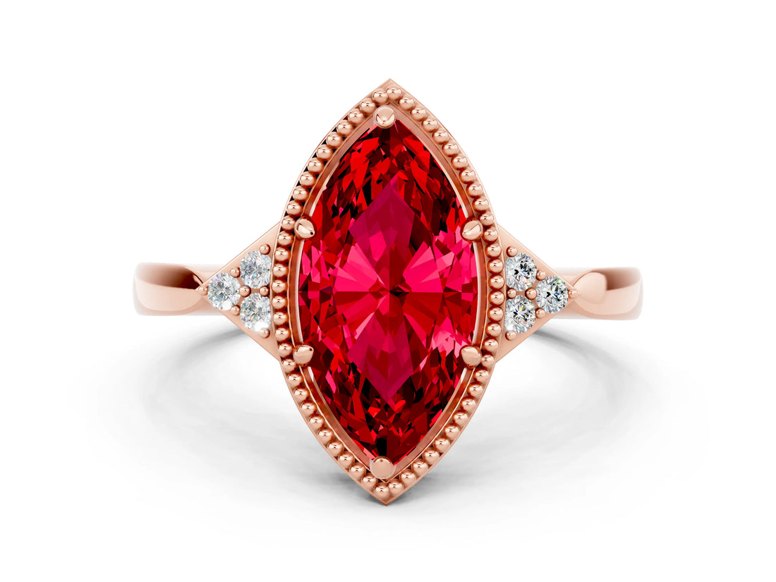 Rose gold Marquise Cut Ruby Halo Ring with Tapered Band and Four-Prong Setting