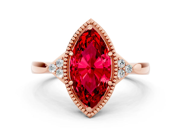 Rose gold Marquise Cut Ruby Halo Ring with Tapered Band and Four-Prong Setting