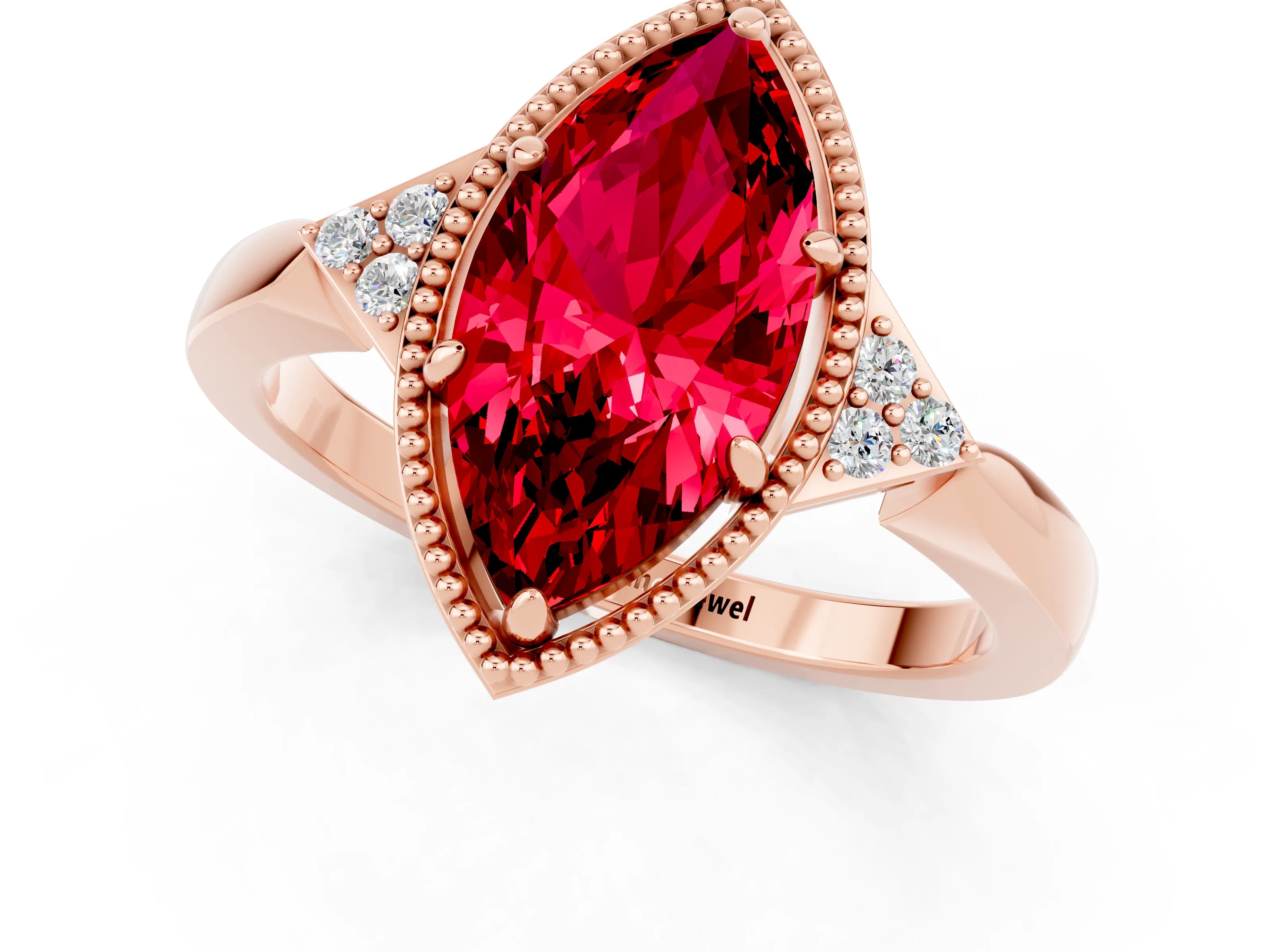 Rose gold Marquise Cut Ruby Halo Ring with Tapered Band and Four-Prong Setting_1