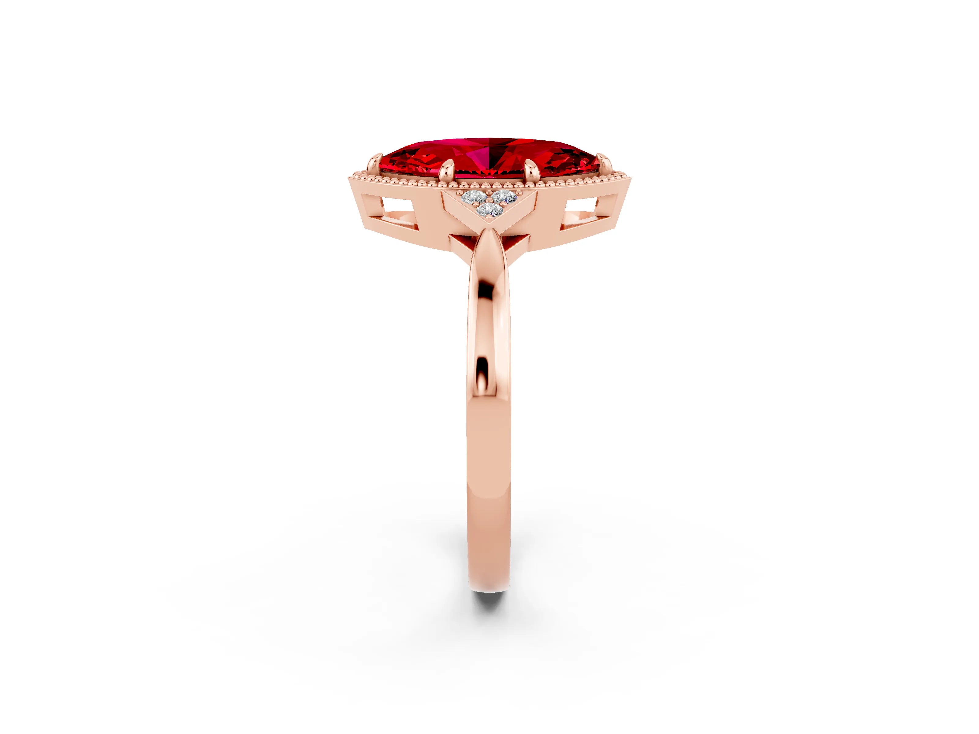 Rose gold Marquise Cut Ruby Halo Ring with Tapered Band and Four-Prong Setting_2