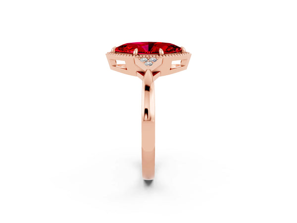 Rose gold Marquise Cut Ruby Halo Ring with Tapered Band and Four-Prong Setting