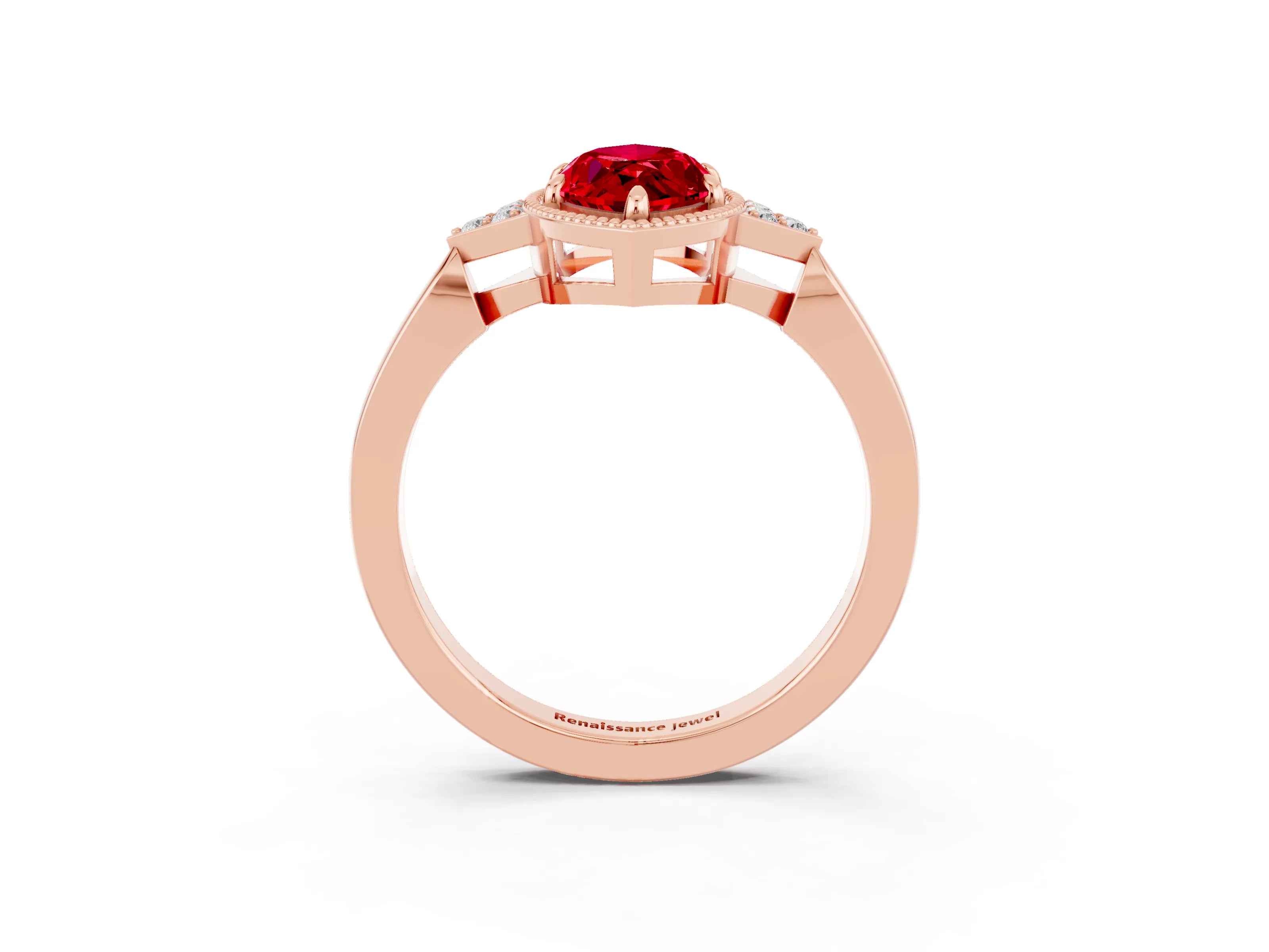 Rose gold Marquise Cut Ruby Halo Ring with Tapered Band and Four-Prong Setting_3