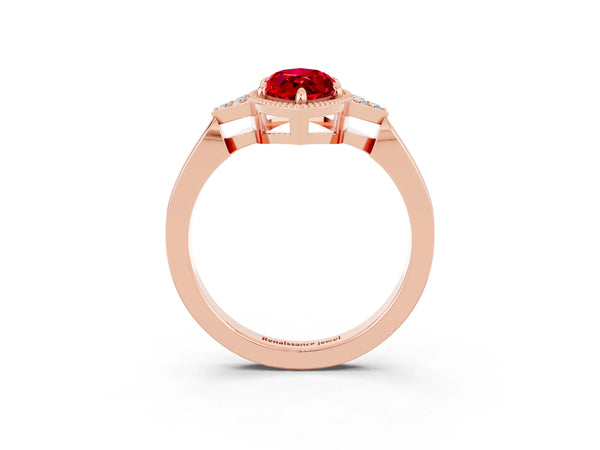 Rose gold Marquise Cut Ruby Halo Ring with Tapered Band and Four-Prong Setting