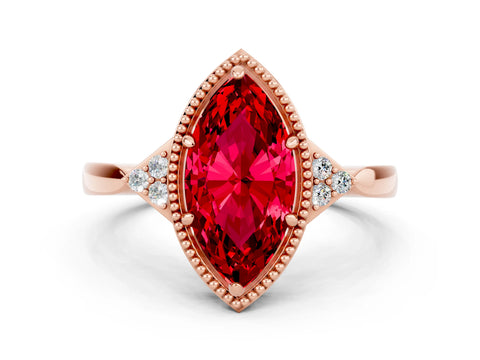 Rose gold Marquise Cut Ruby Halo Ring with Tapered Band and Four-Prong Setting