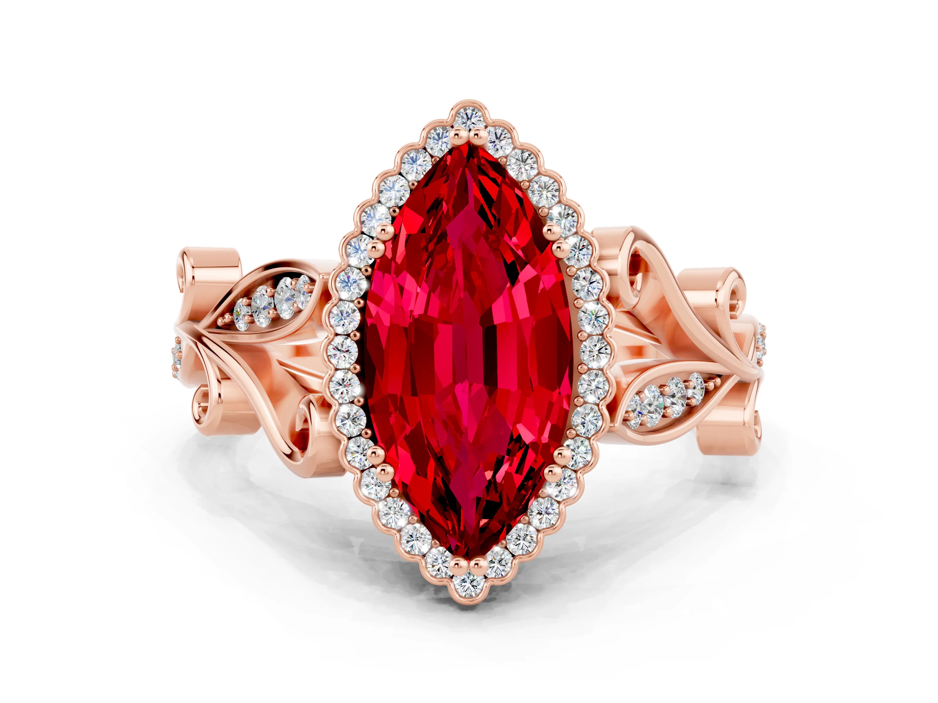 Rose gold Marquise Cut Ruby Halo Ring with Vintage Split Shank and Four-Prong Setting