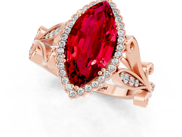 Rose gold Marquise Cut Ruby Halo Ring with Vintage Split Shank and Four-Prong Setting