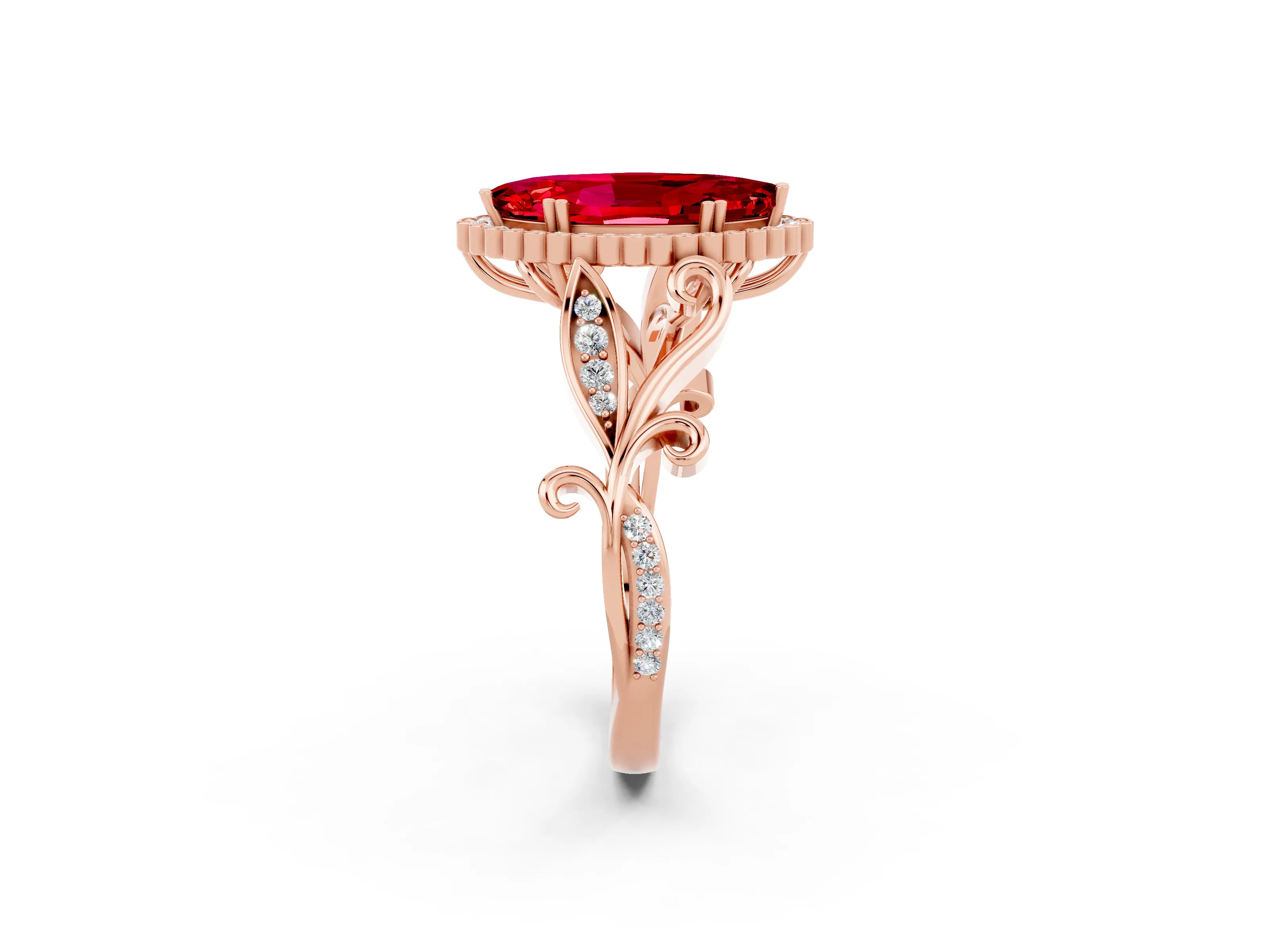 Rose gold Marquise Cut Ruby Halo Ring with Vintage Split Shank and Four-Prong Setting_2