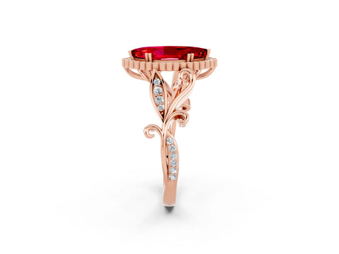 Rose gold Marquise Cut Ruby Halo Ring with Vintage Split Shank and Four-Prong Setting_2